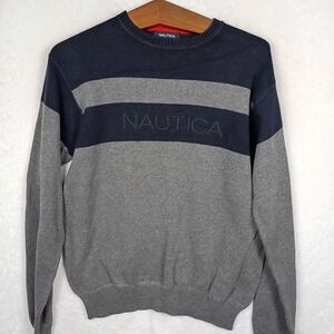 Nautica Mens Striped Crewneck Sweater Navy Blue Grey Cotton Knit Pullover S